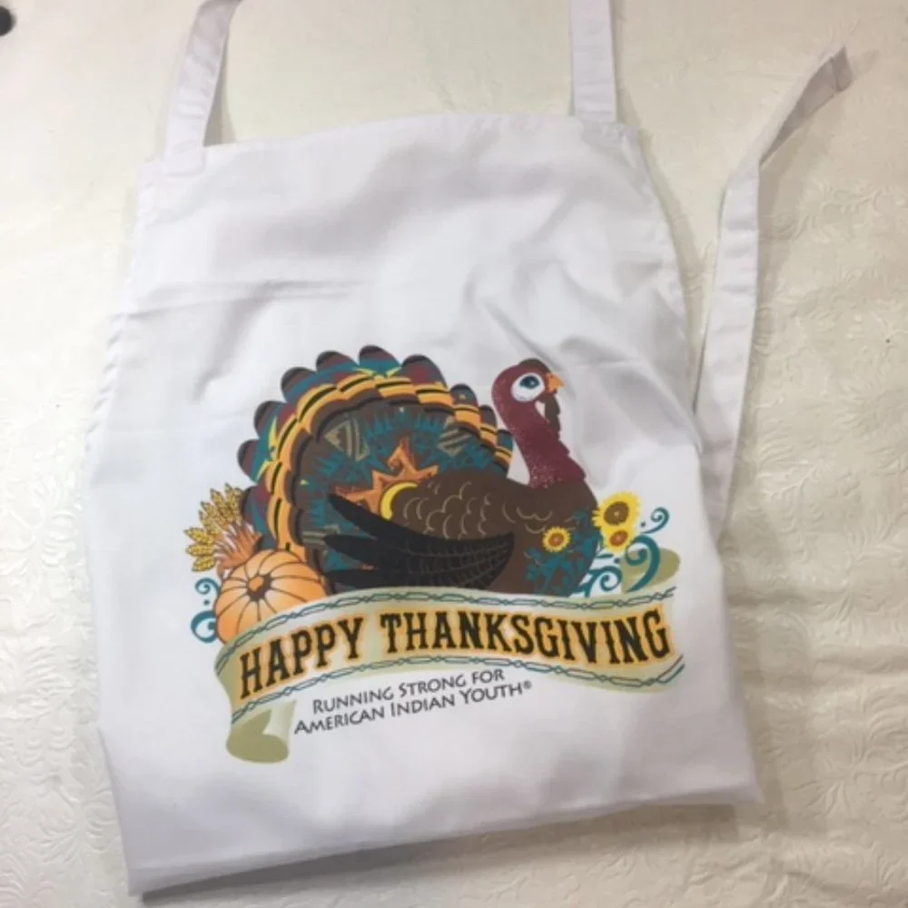 Apron Happy Thanksgiving Waist Tie Back White Cotton 26.5